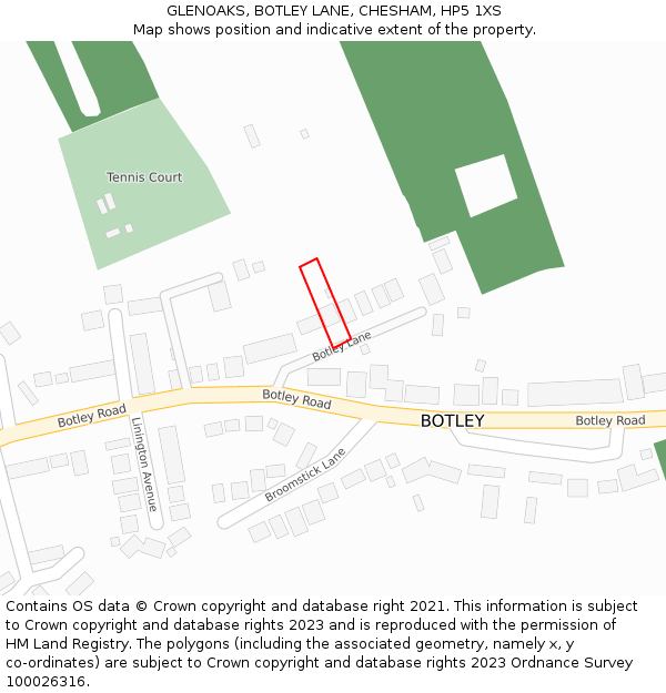 GLENOAKS, BOTLEY LANE, CHESHAM, HP5 1XS: Location map and indicative extent of plot