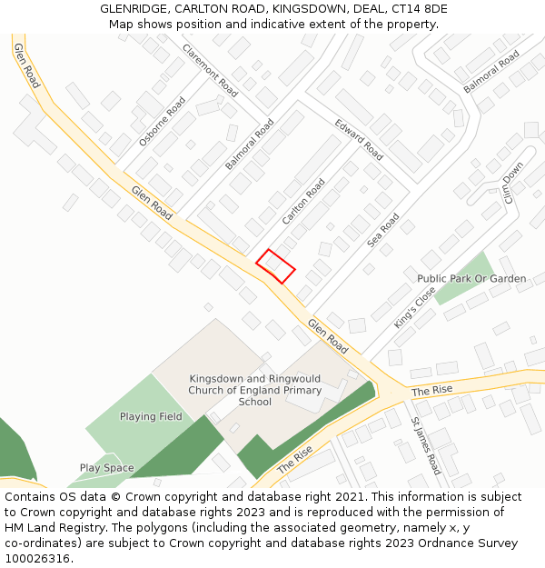 GLENRIDGE, CARLTON ROAD, KINGSDOWN, DEAL, CT14 8DE: Location map and indicative extent of plot