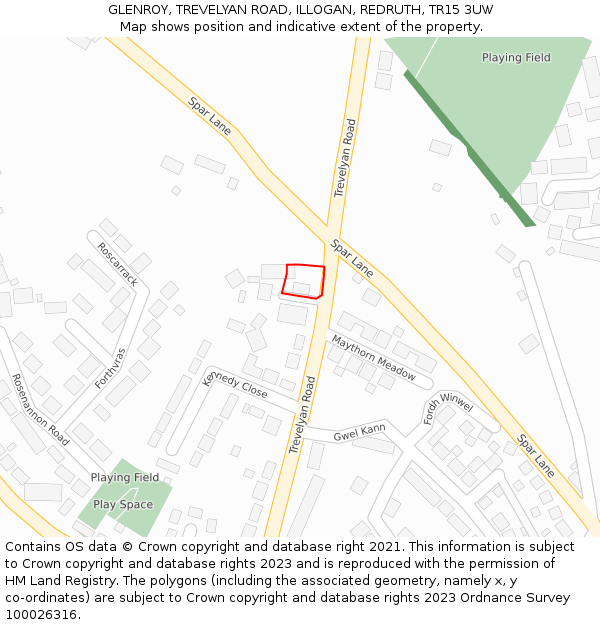 GLENROY, TREVELYAN ROAD, ILLOGAN, REDRUTH, TR15 3UW: Location map and indicative extent of plot