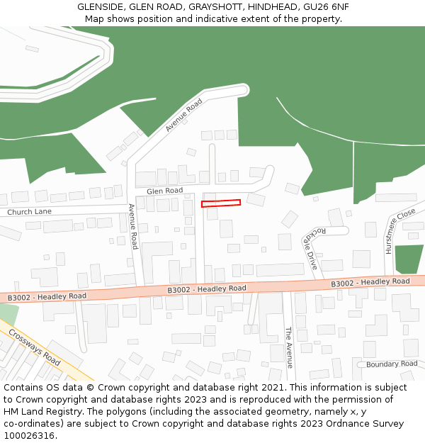 GLENSIDE, GLEN ROAD, GRAYSHOTT, HINDHEAD, GU26 6NF: Location map and indicative extent of plot