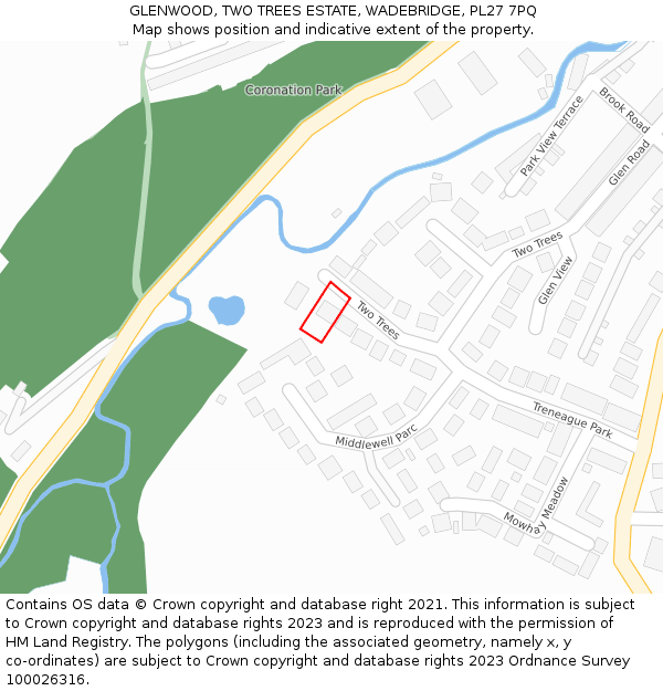 GLENWOOD, TWO TREES ESTATE, WADEBRIDGE, PL27 7PQ: Location map and indicative extent of plot