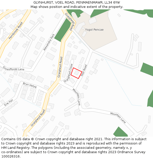 GLYNHURST, VOEL ROAD, PENMAENMAWR, LL34 6YW: Location map and indicative extent of plot