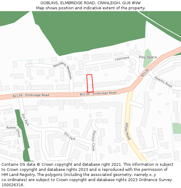 GOBLINS, ELMBRIDGE ROAD, CRANLEIGH, GU6 8NW: Location map and indicative extent of plot