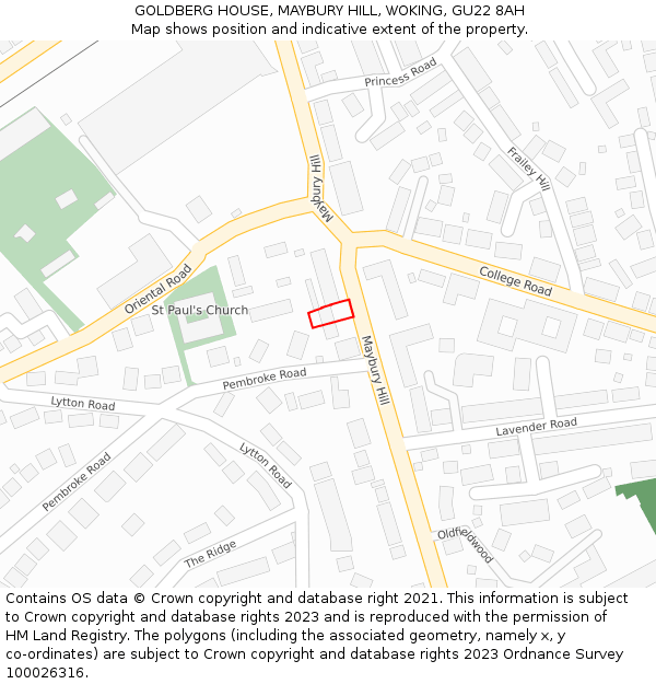 GOLDBERG HOUSE, MAYBURY HILL, WOKING, GU22 8AH: Location map and indicative extent of plot
