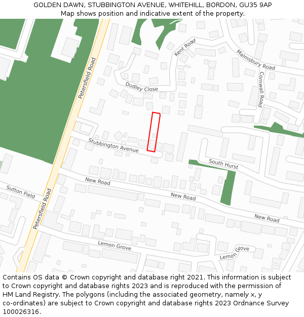 GOLDEN DAWN, STUBBINGTON AVENUE, WHITEHILL, BORDON, GU35 9AP: Location map and indicative extent of plot