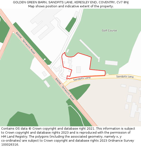 GOLDEN GREEN BARN, SANDPITS LANE, KERESLEY END, COVENTRY, CV7 8NJ: Location map and indicative extent of plot