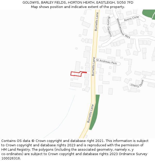 GOLOWYS, BARLEY FIELDS, HORTON HEATH, EASTLEIGH, SO50 7FD: Location map and indicative extent of plot