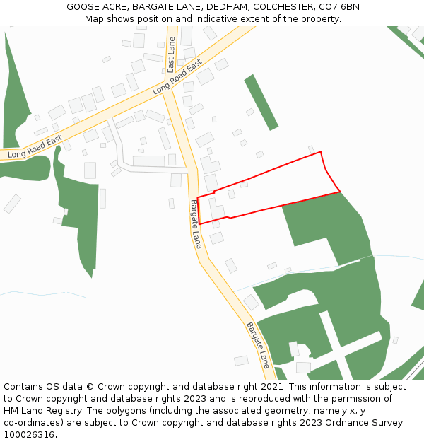 GOOSE ACRE, BARGATE LANE, DEDHAM, COLCHESTER, CO7 6BN: Location map and indicative extent of plot