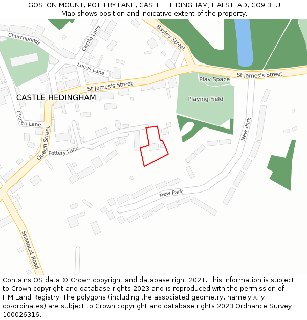 GOSTON MOUNT, POTTERY LANE, CASTLE HEDINGHAM, HALSTEAD, CO9 3EU: Location map and indicative extent of plot