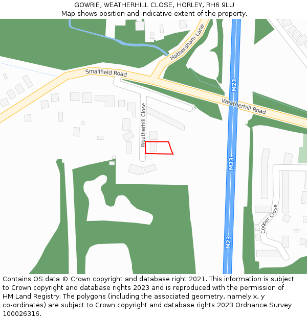 GOWRIE, WEATHERHILL CLOSE, HORLEY, RH6 9LU: Location map and indicative extent of plot