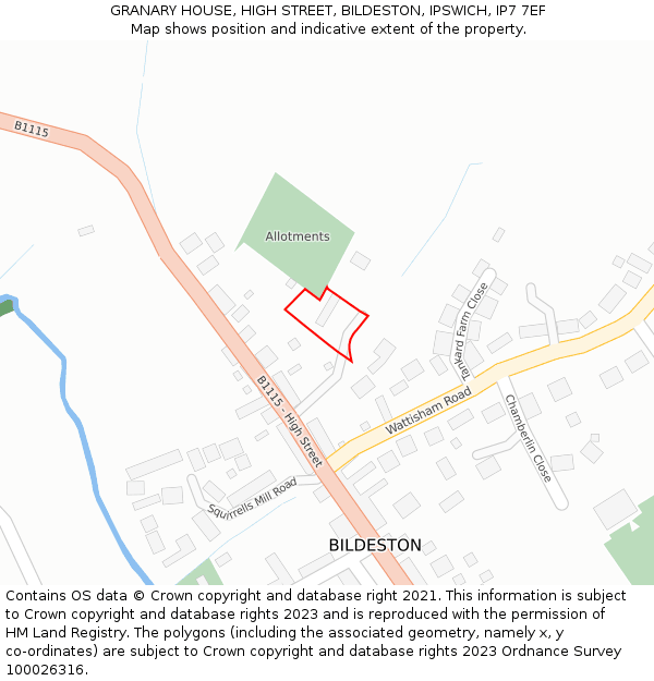 GRANARY HOUSE, HIGH STREET, BILDESTON, IPSWICH, IP7 7EF: Location map and indicative extent of plot