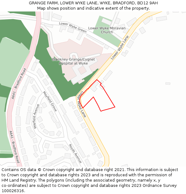 GRANGE FARM, LOWER WYKE LANE, WYKE, BRADFORD, BD12 9AH: Location map and indicative extent of plot