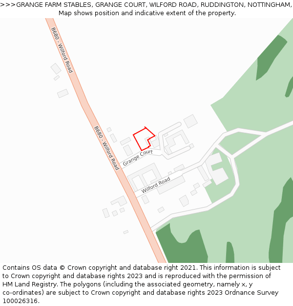 GRANGE FARM STABLES, GRANGE COURT, WILFORD ROAD, RUDDINGTON, NOTTINGHAM, NG11 6NB: Location map and indicative extent of plot