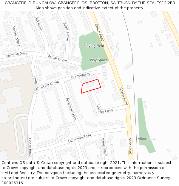 GRANGEFIELD BUNGALOW, GRANGEFIELDS, BROTTON, SALTBURN-BY-THE-SEA, TS12 2RR: Location map and indicative extent of plot