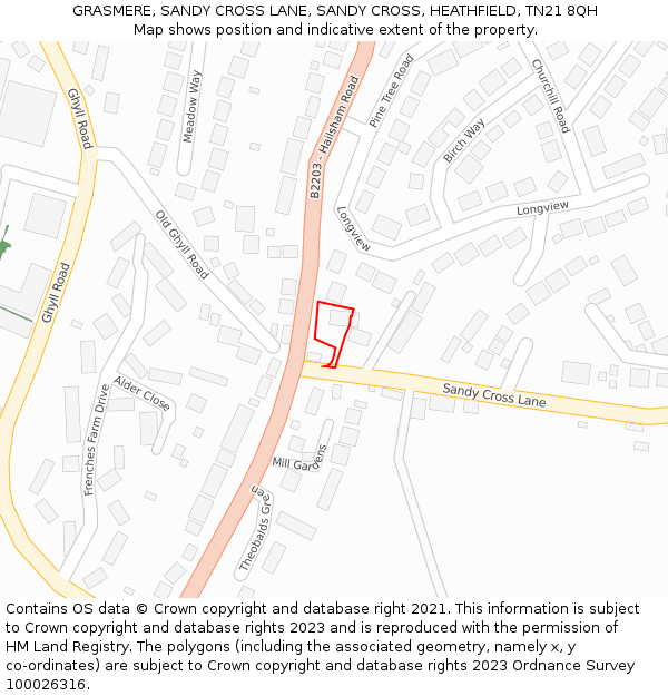 GRASMERE, SANDY CROSS LANE, SANDY CROSS, HEATHFIELD, TN21 8QH: Location map and indicative extent of plot