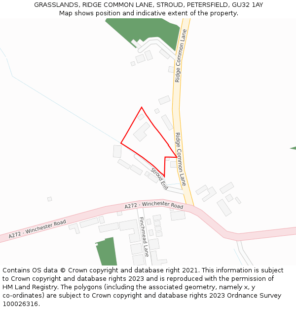 GRASSLANDS, RIDGE COMMON LANE, STROUD, PETERSFIELD, GU32 1AY: Location map and indicative extent of plot