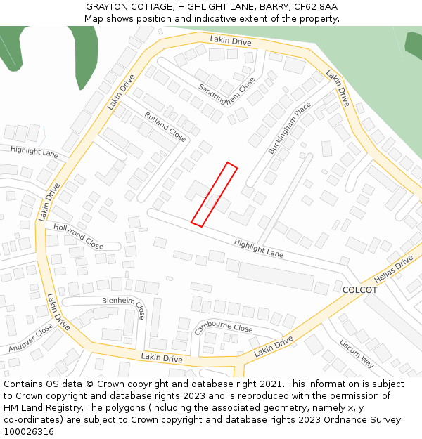 GRAYTON COTTAGE, HIGHLIGHT LANE, BARRY, CF62 8AA: Location map and indicative extent of plot