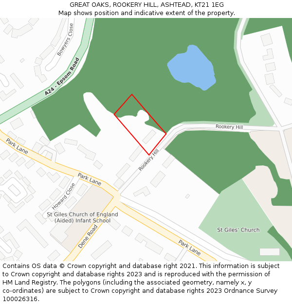 GREAT OAKS, ROOKERY HILL, ASHTEAD, KT21 1EG: Location map and indicative extent of plot