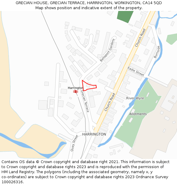 GRECIAN HOUSE, GRECIAN TERRACE, HARRINGTON, WORKINGTON, CA14 5QD: Location map and indicative extent of plot