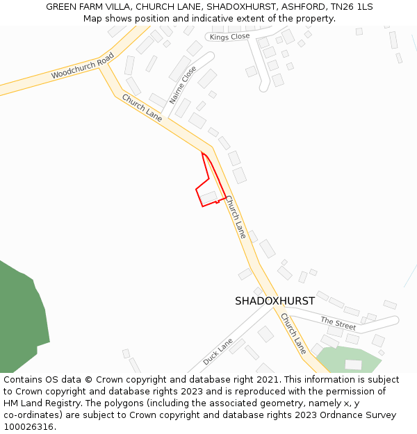 GREEN FARM VILLA, CHURCH LANE, SHADOXHURST, ASHFORD, TN26 1LS: Location map and indicative extent of plot
