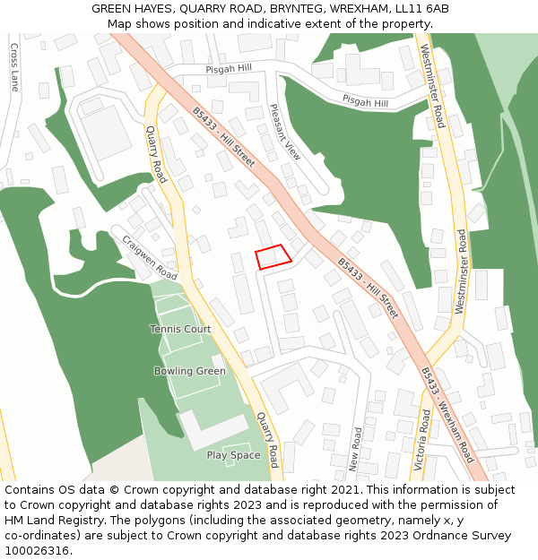 GREEN HAYES, QUARRY ROAD, BRYNTEG, WREXHAM, LL11 6AB: Location map and indicative extent of plot