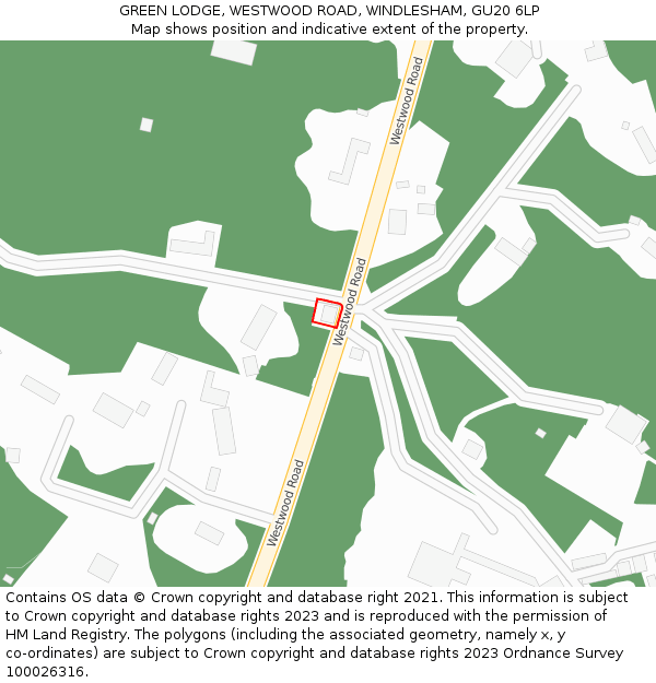 GREEN LODGE, WESTWOOD ROAD, WINDLESHAM, GU20 6LP: Location map and indicative extent of plot