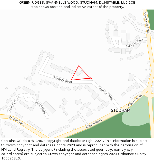 GREEN RIDGES, SWANNELLS WOOD, STUDHAM, DUNSTABLE, LU6 2QB: Location map and indicative extent of plot