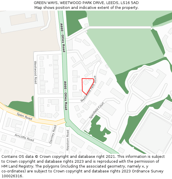 GREEN WAYS, WEETWOOD PARK DRIVE, LEEDS, LS16 5AD: Location map and indicative extent of plot