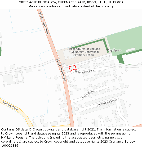 GREENACRE BUNGALOW, GREENACRE PARK, ROOS, HULL, HU12 0GA: Location map and indicative extent of plot