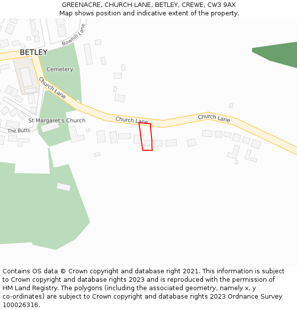 GREENACRE, CHURCH LANE, BETLEY, CREWE, CW3 9AX: Location map and indicative extent of plot