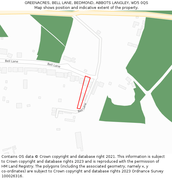 GREENACRES, BELL LANE, BEDMOND, ABBOTS LANGLEY, WD5 0QS: Location map and indicative extent of plot