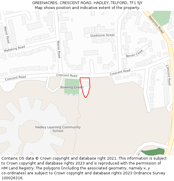 GREENACRES, CRESCENT ROAD, HADLEY, TELFORD, TF1 5JY: Location map and indicative extent of plot