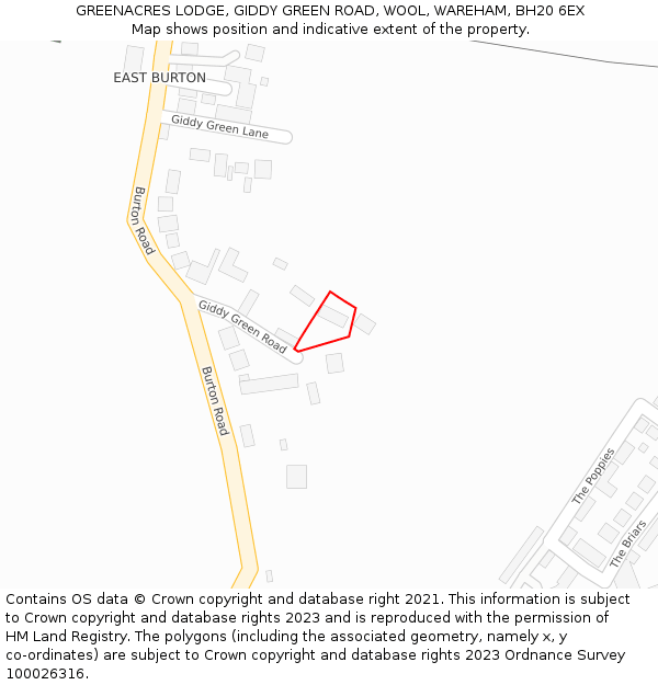 GREENACRES LODGE, GIDDY GREEN ROAD, WOOL, WAREHAM, BH20 6EX: Location map and indicative extent of plot