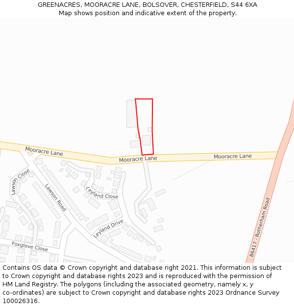 GREENACRES, MOORACRE LANE, BOLSOVER, CHESTERFIELD, S44 6XA: Location map and indicative extent of plot