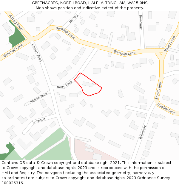 GREENACRES, NORTH ROAD, HALE, ALTRINCHAM, WA15 0NS: Location map and indicative extent of plot