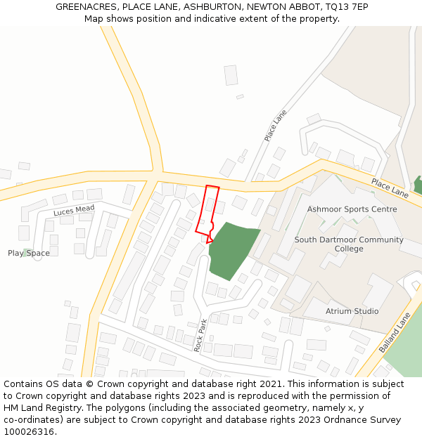 GREENACRES, PLACE LANE, ASHBURTON, NEWTON ABBOT, TQ13 7EP: Location map and indicative extent of plot