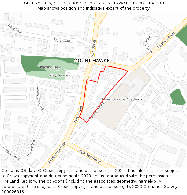 GREENACRES, SHORT CROSS ROAD, MOUNT HAWKE, TRURO, TR4 8DU: Location map and indicative extent of plot