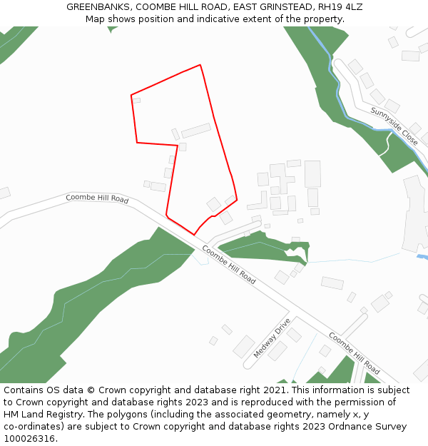 GREENBANKS, COOMBE HILL ROAD, EAST GRINSTEAD, RH19 4LZ: Location map and indicative extent of plot