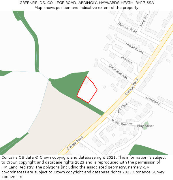 GREENFIELDS, COLLEGE ROAD, ARDINGLY, HAYWARDS HEATH, RH17 6SA: Location map and indicative extent of plot