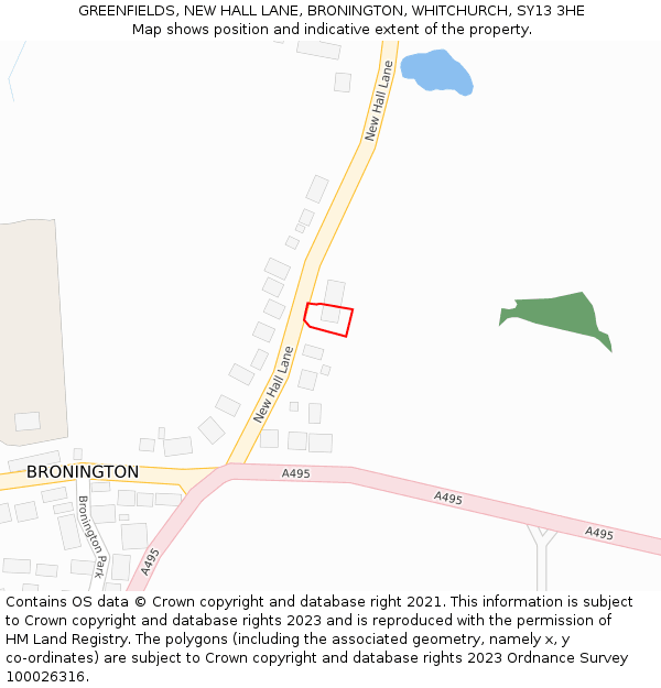 GREENFIELDS, NEW HALL LANE, BRONINGTON, WHITCHURCH, SY13 3HE: Location map and indicative extent of plot