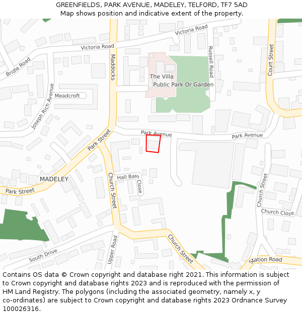 GREENFIELDS, PARK AVENUE, MADELEY, TELFORD, TF7 5AD: Location map and indicative extent of plot