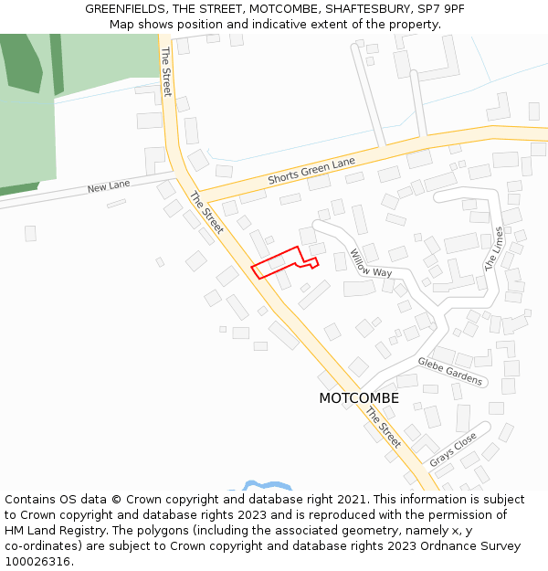 GREENFIELDS, THE STREET, MOTCOMBE, SHAFTESBURY, SP7 9PF: Location map and indicative extent of plot