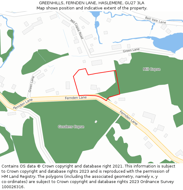 GREENHILLS, FERNDEN LANE, HASLEMERE, GU27 3LA: Location map and indicative extent of plot