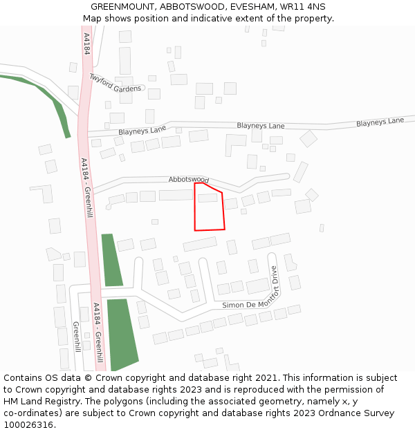GREENMOUNT, ABBOTSWOOD, EVESHAM, WR11 4NS: Location map and indicative extent of plot