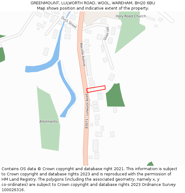 GREENMOUNT, LULWORTH ROAD, WOOL, WAREHAM, BH20 6BU: Location map and indicative extent of plot