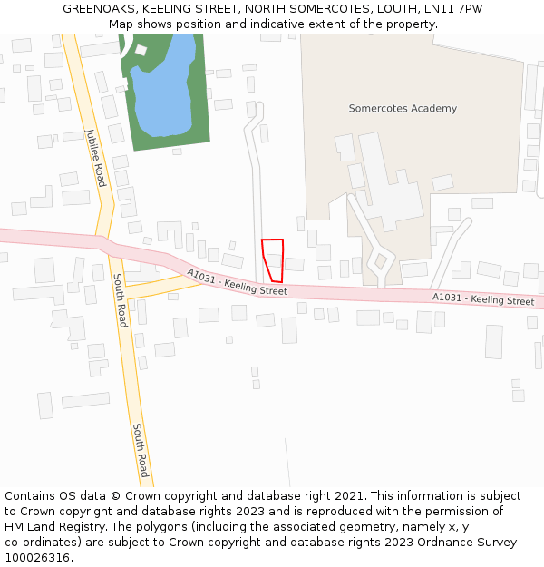 GREENOAKS, KEELING STREET, NORTH SOMERCOTES, LOUTH, LN11 7PW: Location map and indicative extent of plot