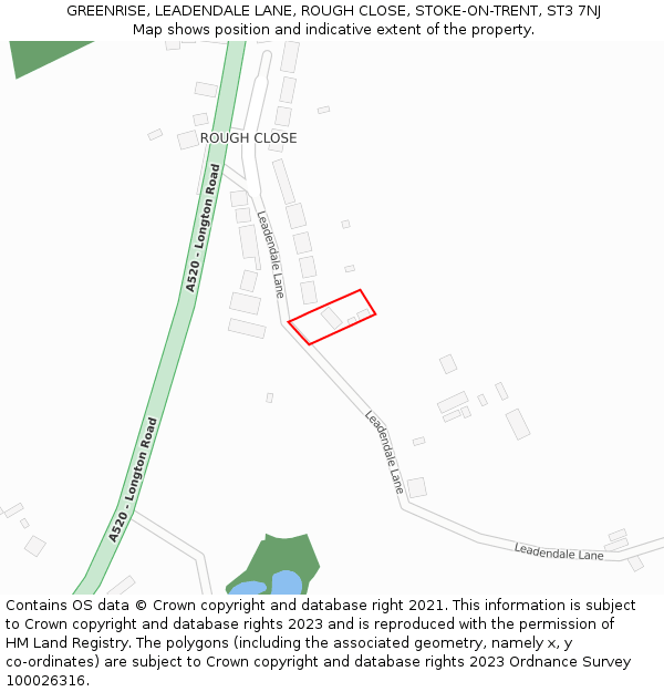 GREENRISE, LEADENDALE LANE, ROUGH CLOSE, STOKE-ON-TRENT, ST3 7NJ: Location map and indicative extent of plot