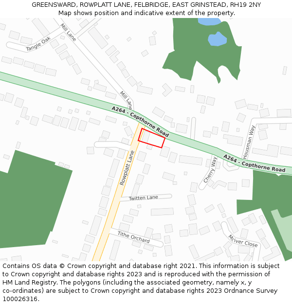 GREENSWARD, ROWPLATT LANE, FELBRIDGE, EAST GRINSTEAD, RH19 2NY: Location map and indicative extent of plot