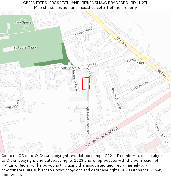 GREENTREES, PROSPECT LANE, BIRKENSHAW, BRADFORD, BD11 2EL: Location map and indicative extent of plot