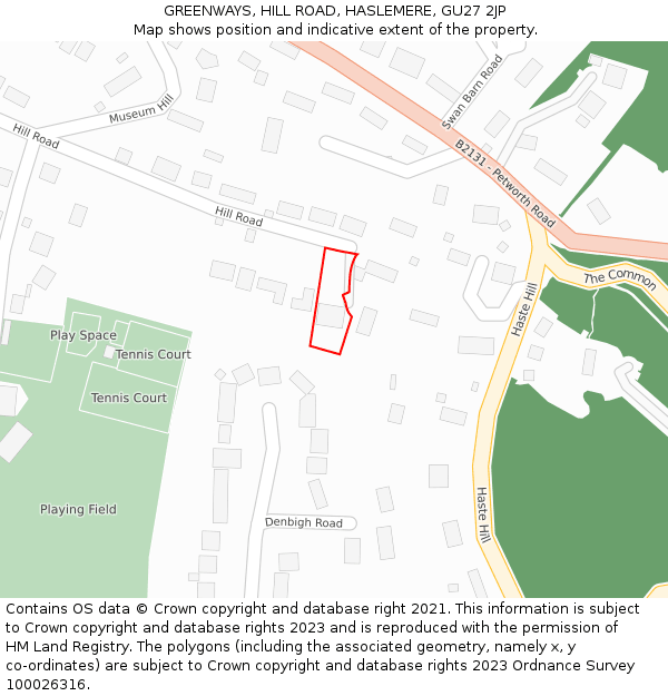 GREENWAYS, HILL ROAD, HASLEMERE, GU27 2JP: Location map and indicative extent of plot